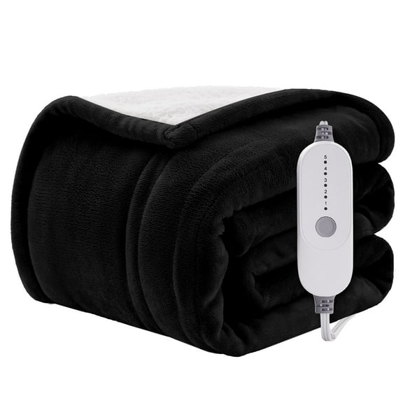 WISHEAD Electric Heated Blanket Twin Soft Flannel & Sherpa, 5 Heat Levels, 10 Hours Auto-Off Over-Heat Protection ETL Certification (62"x84", Black)
