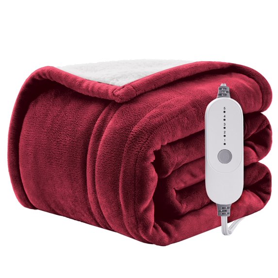 WISHEAD Electric Heated Blanket Twin Soft Flannel & Sherpa, 5 Heat Levels, 10 Hours Auto-Off Over-Heat Protection ETL Certification (62"x84", Red)