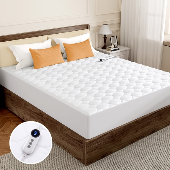 WISHEAD Electric Heated Mattress Pad for Full Bed, 9 Heat Settings Electric Bed Warmer, Auto-Off Timer, ETL Certified, Washable, Deep Pocket, White