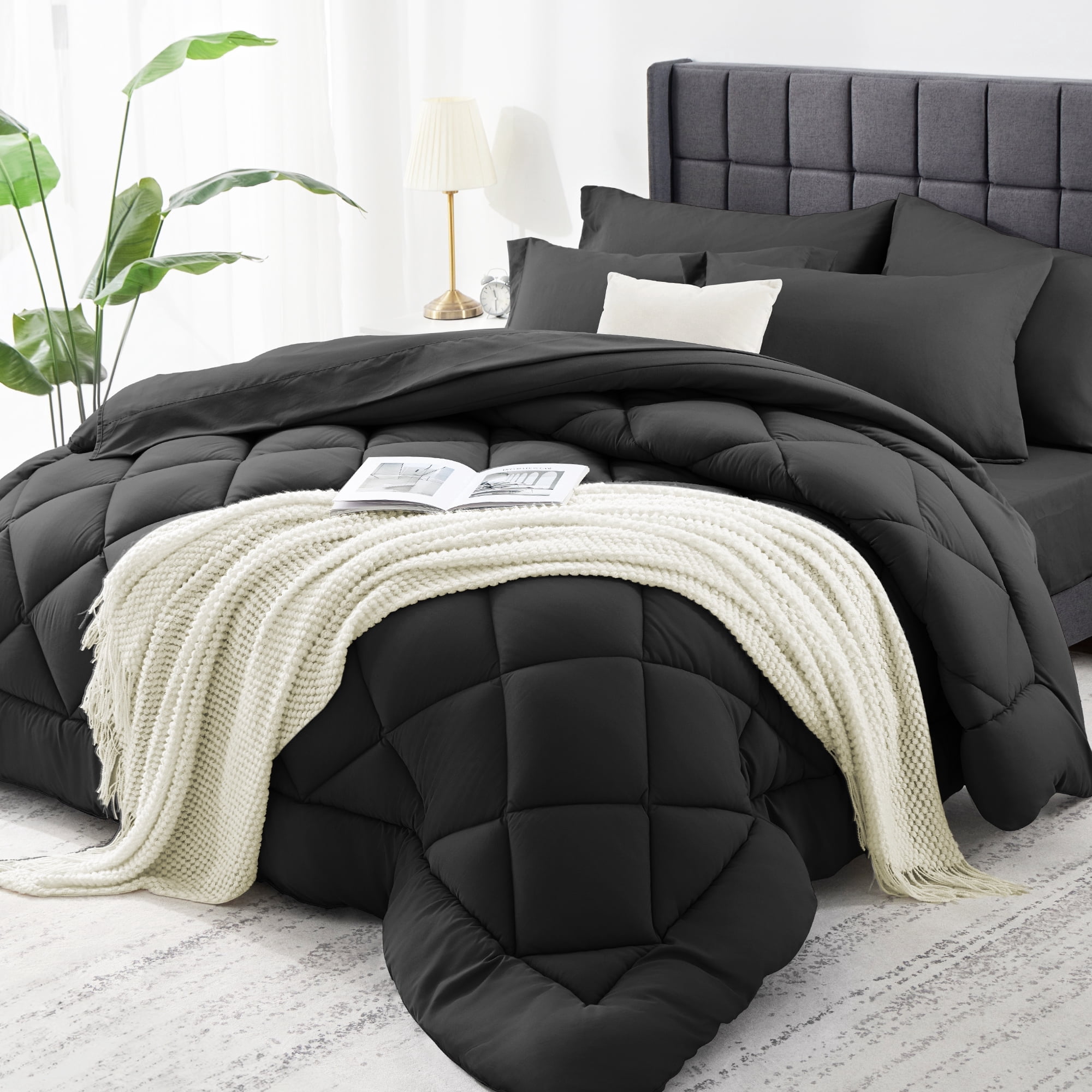 WISHEAD Full Bed in a Bag Comforter Set with 7 Pieces - Black All Season Bedding Sets with Comforter, Pillow Shams, Flat Sheet, Fitted Sheet and Pillowcases