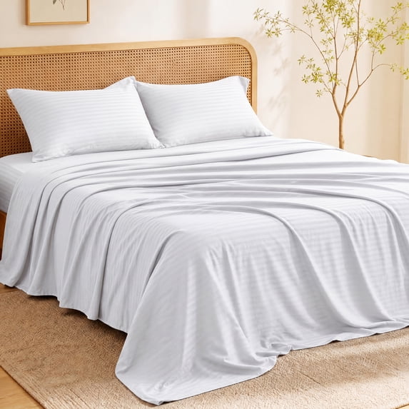 WISHEAD Full Sheet Set, 4 Piece Ultra Soft Brushed Microfiber Bed Sheets, Cooling & Breathable, Secure Fitted Sheet, Wrinkle Resistant Hotel Bedding Set with Classic Stripe, White