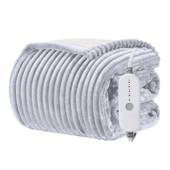 WISHEAD Electric Heated Blanket Full Size Throw with 5 Heat Levels & Auto Shut-off Flannel & Sherpa for Home Couch, Bed, Office Use, 72"x84", Light Gray