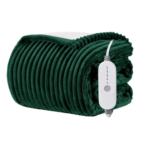 WISHEAD Electric Heated Blanket Twin Size Throw with 5 Heat Levels & Auto Shut-off Flannel & Sherpa for Home Couch, Bed, Office Use, 62"x84", Green