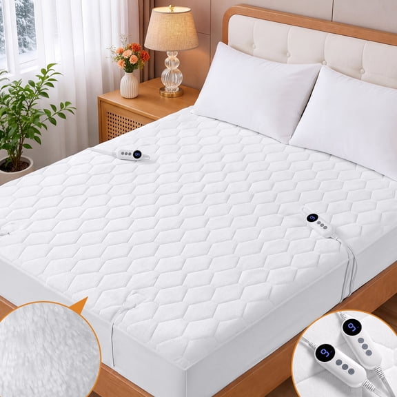 WISHEAD Heated Mattress Pad Queen Size, Electric Bed Warmer with Dual Controller, 9 Heat Settings & 10-Hour Auto Shut-Off, Machine Washable, White