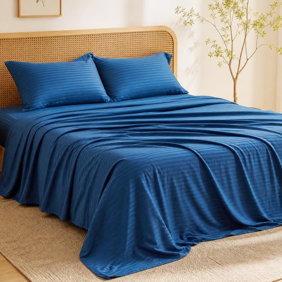 WISHEAD King Sheet Set, 4 Piece Ultra Soft Brushed Microfiber Bed Sheets, Cooling & Breathable, Secure Fitted Sheet, Wrinkle Resistant Hotel Bedding Set with Classic Stripe, Navy