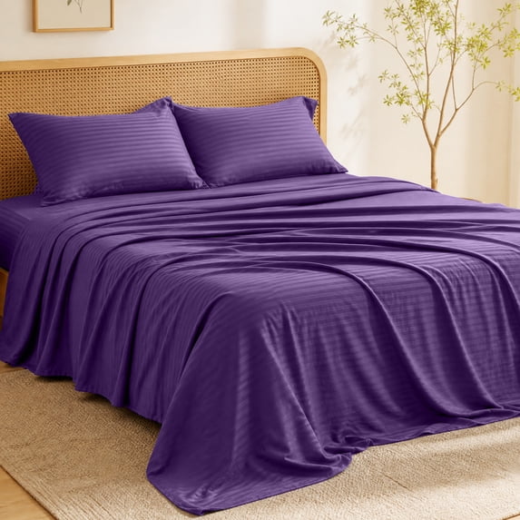 WISHEAD King Sheet Set, 4 Piece Ultra Soft Brushed Microfiber Bed Sheets, Cooling & Breathable, Secure Fitted Sheet, Wrinkle Resistant Hotel Bedding Set with Classic Stripe, Purple