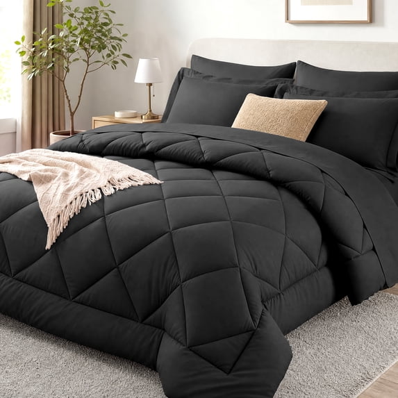 WISHEAD Queen Bed in a Bag Comforter Set with 7 Pieces - Black All Season Bedding Sets with Comforter, Pillow Shams, Flat Sheet, Fitted Sheet and Pillowcases