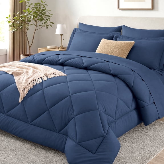 WISHEAD Queen Bed in a Bag Comforter Set with 7 Pieces - Blue All Season Bedding Sets with Comforter, Pillow Shams, Flat Sheet, Fitted Sheet and Pillowcases