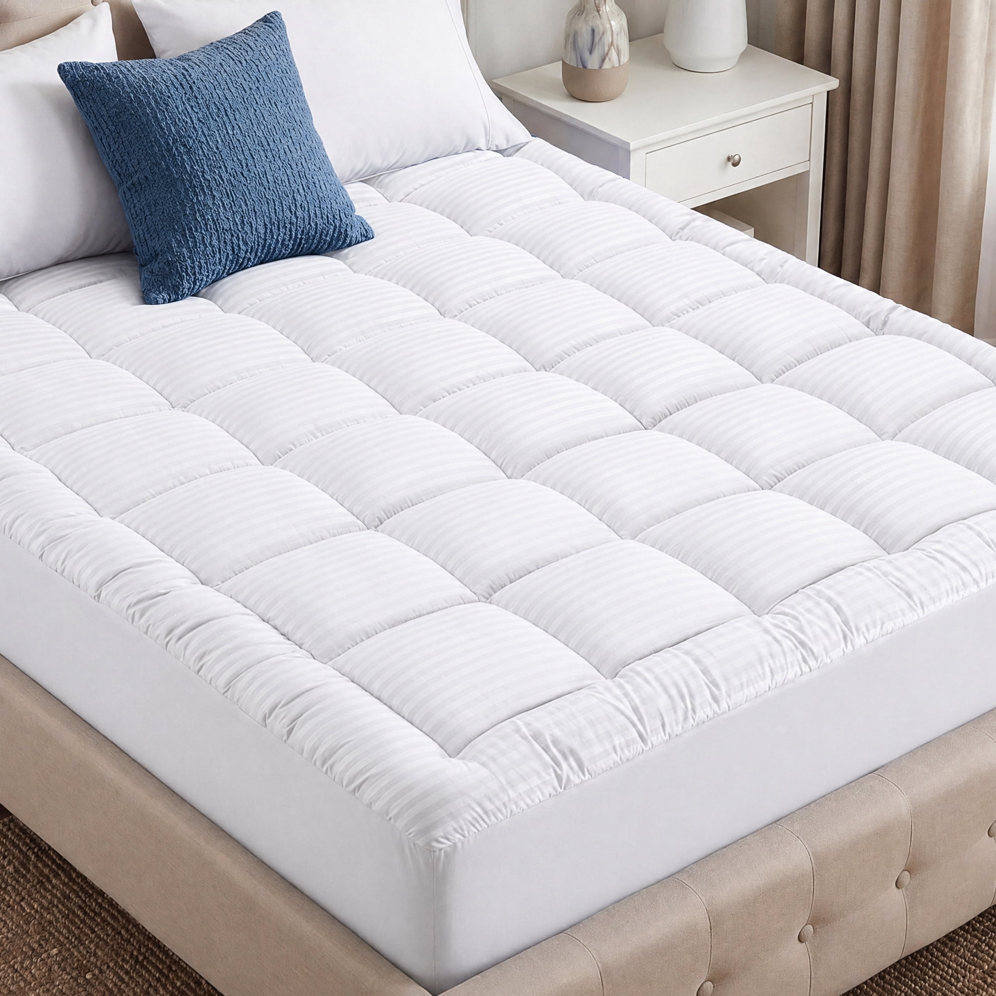 WISHEAD Queen Mattress Topper, Quilted Cooling Mattress Pad , Soft Breathable Pillow Top Mattress Protector, 8-21" Deep Pocket, Machine Washable, Back Pain Relief, White