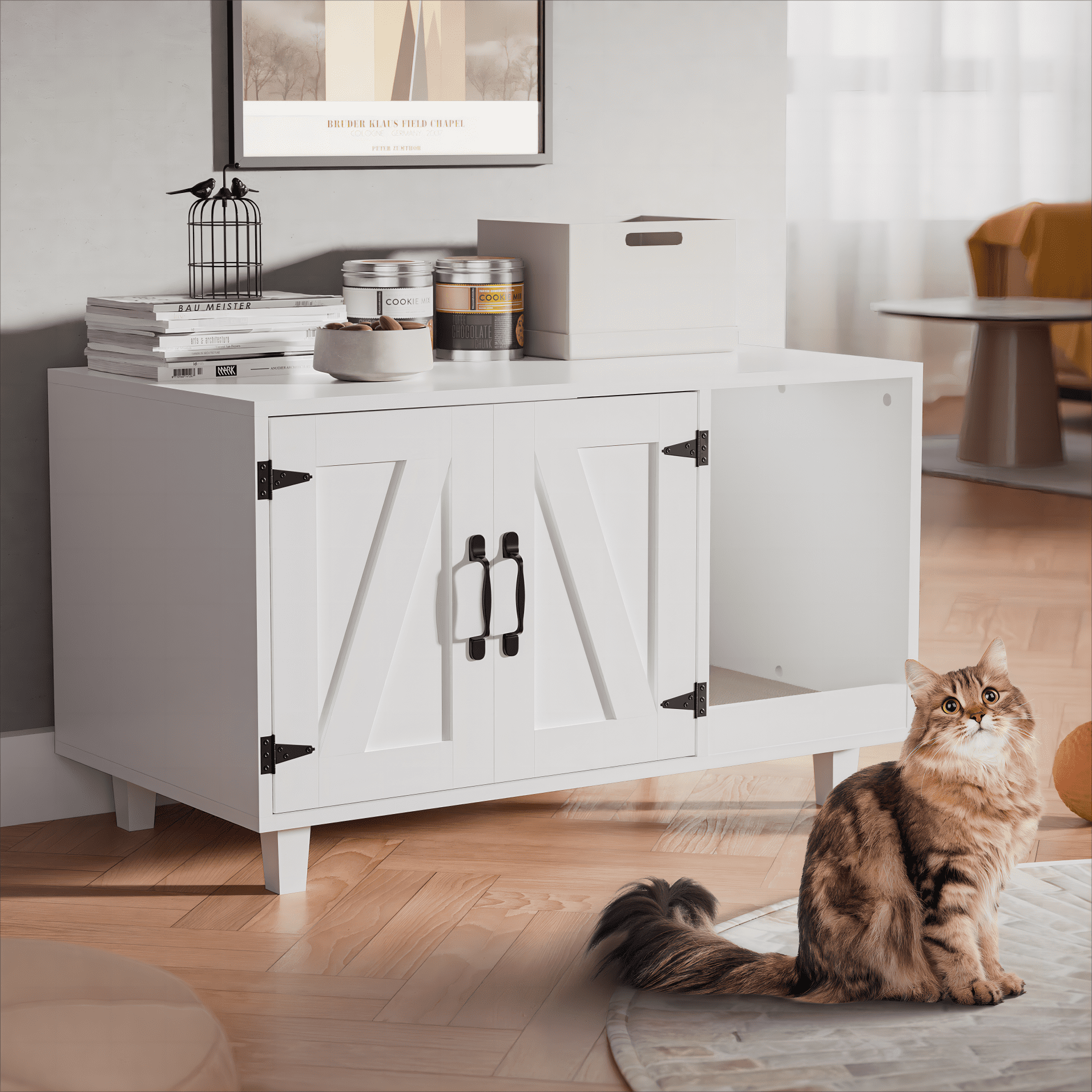 WISHIVE Cat Litter Box Enclosure, Cat Litter Box Furniture Hidden, Indoor Cat House with Doors