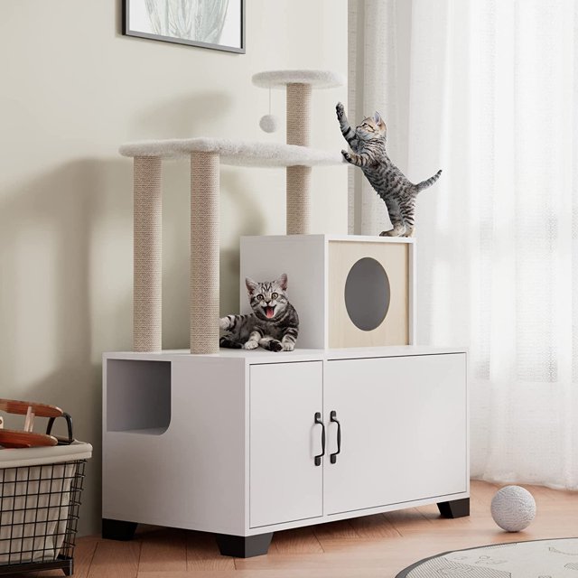 WISHIVE Litter Box Enclosure with Cat Tree, Cat Litter Box Enclosure