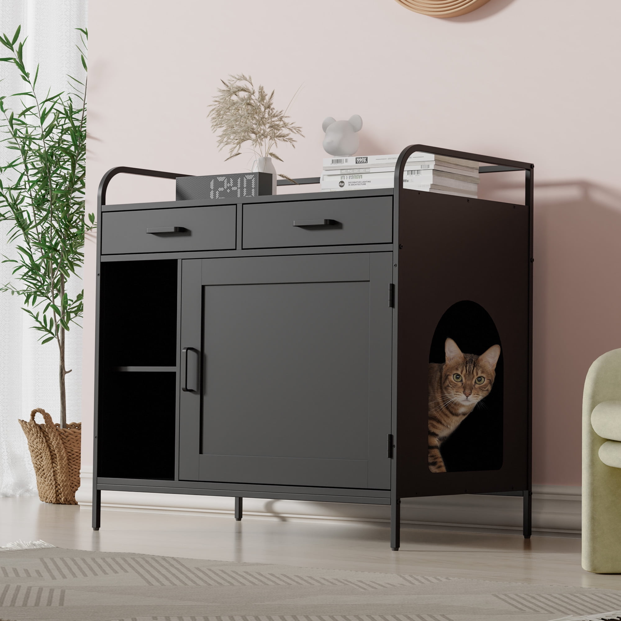 WISHIVE Litter Box Enclosure with Drawers, Hidden Cat Litter Box Enclosure, Cat Litter Box