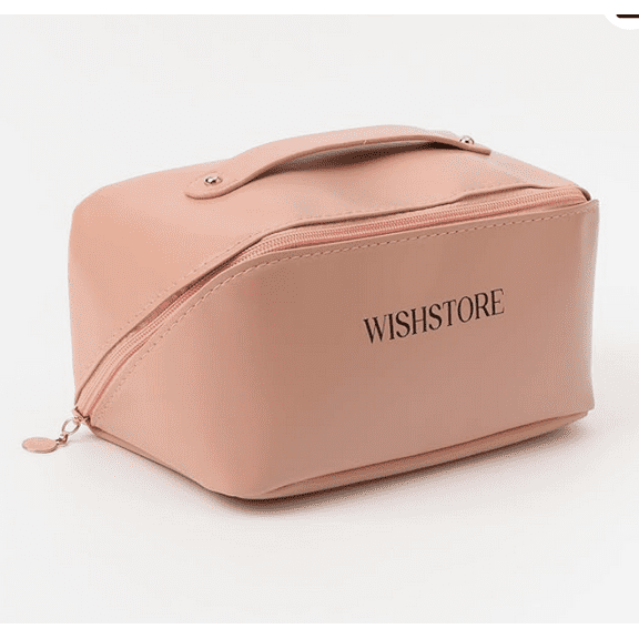 WISHSTORE Travel Makeup Bag,Large Capacity Cosmetic Bags for Women,Waterproof Portable Pouch Open Flat Toiletry Bag Make up Organizer with Divider and Handle(Pink color)
