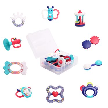 WISHTIME 11pcs Baby Rattles & Teethers - Developmental Toys For Newborns 0-12 Months With Giant Bottle