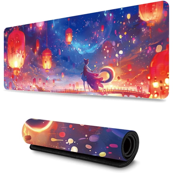 WISHTIME Desk Mat, Large Mouse Pad 31.5x11.8 Inch XL Extended Gaming Mouse Pad Mat with Non-Slip Base Stitched Edges Mousepad for Computer, Office, Keyboard and Laptop ,Beautiful Lantern