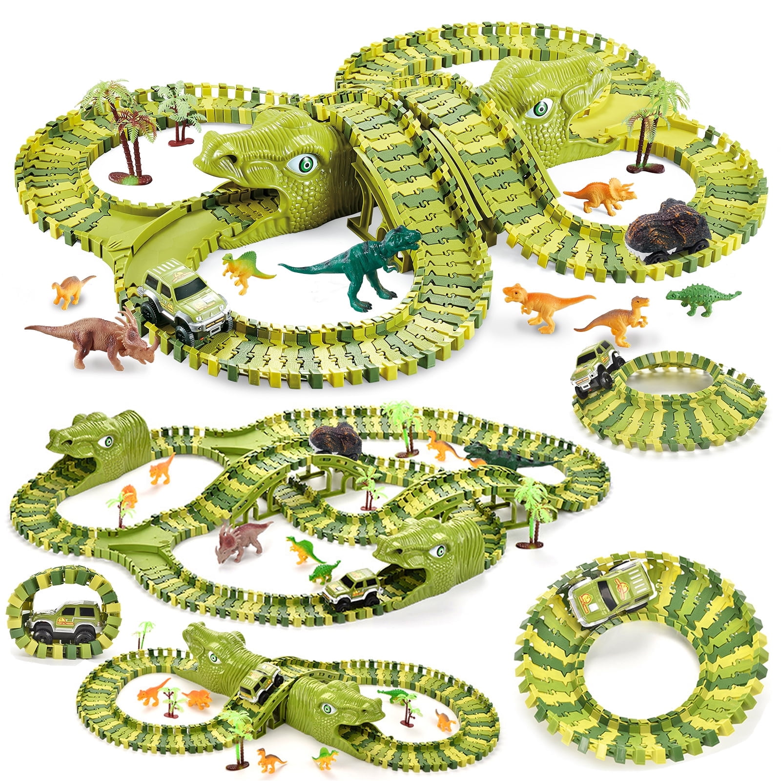 WISHTIME Dinosaur Race Car Track Toys - Dino Toys Track Cars for Boys Dinosaur Track Set Electric Train Tracks Dinosaur paradise world Vehicle Girl Gift for Kids Age 3-12 Years Old