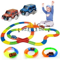 WISHTIME Glow Race Track Toys Truck Cars - Glow in The Dark Bendable Rainbow Race Track Set, Vehicle Toys for Boys and Girls 360pcs STEM Building Toys for Boys and Girls with 2 Light Up Toy Cars
