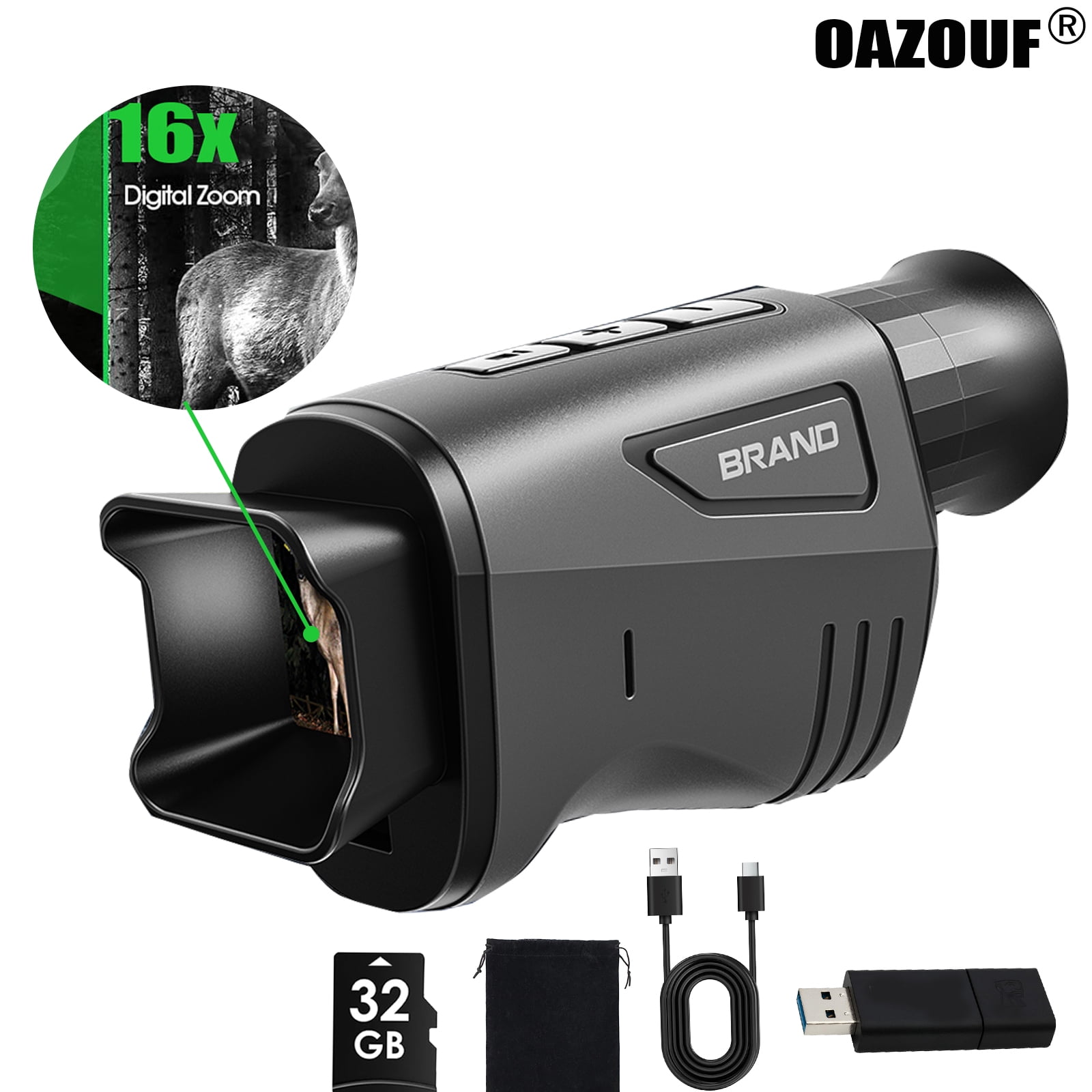 OAZOUF 16x Zoom Night Vision Monocular: Night Vision Binoculars with 7- Level IR & 32GB SD Card Included