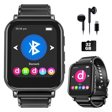 32GB Smart MP3 Player Watch with Bluetooth 5.0, 1.69 Full Touchscreen Portable MP3 Watch with Recorder FM Stopwatch Alarm Calculator Pedometer, Black