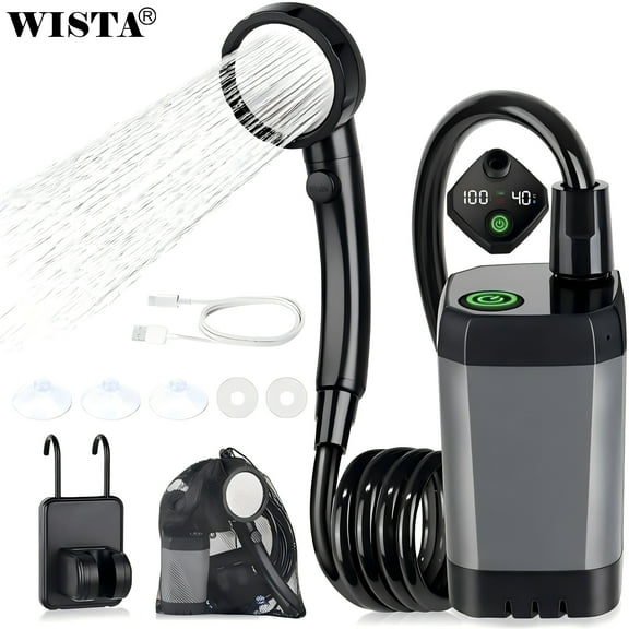 WISTA 6000mAh Portable Camping Shower: 4 Spray Modes, LED Display, IPX7 Waterproof, Camping Shower Kit for Hiking Travel Pet Washing