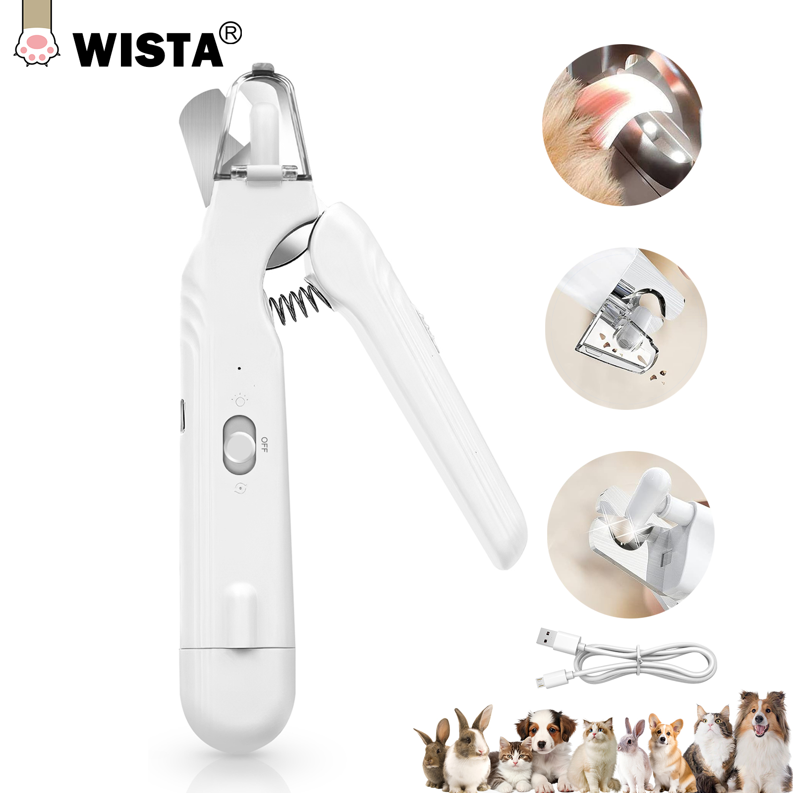 WISTA Dog Cat Nail Clippers Electric Dog Claw Trimmer with LED Light, Rechargeable Pet Nail Scissors with Durable Grinder for Large Medium Small Dogs Cats Pets, White