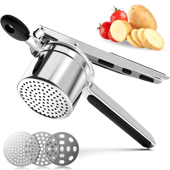 OAZOUF Large Stainless Steel Potato Masher, Potato Presser with 3 Interchangeable Discs, Potato Ricer with Silicone Coated Handle, Ricer Kitchen Tool Manual Squeezer for Crushing