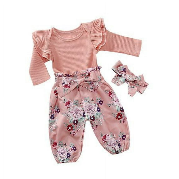 WISWELL 3Pcs Baby Girl's Romper Tops Bodysuit Flower Pants Headband Outfits Clothes Set 9-12 Months