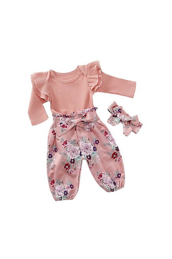 3Pcs Baby Girl's Romper Tops Bodysuit Flower Pants Headband Outfits Clothes Set 9-12 Months