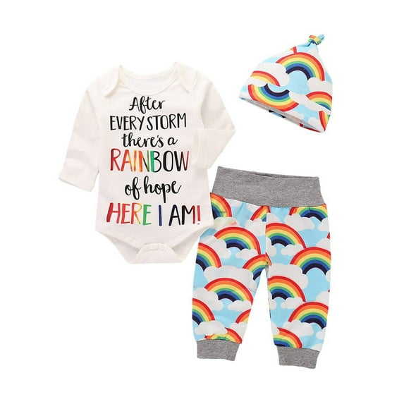 WISWELL Newborn Baby Boy Girl Rainbow Print Tops Romper Bodysuit Pants Hat Outfits Clothes Set 0-3 Months