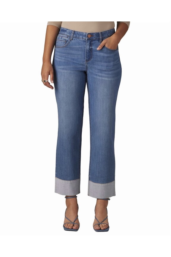 womens Mid Blue High Rise Round Up Boyfriend Jean, 14, Blue