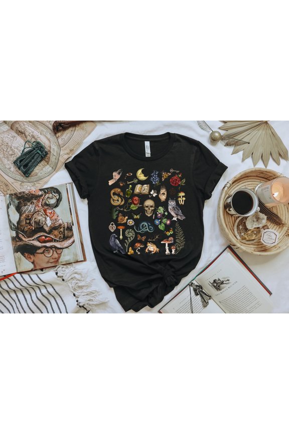 WITCHCRAFT MYSTERY T-shirt with Raven Owl Scull Mushroom Moth Snake Snail Mystical Objects Witchy Hand Spell Book Key Plants Flowers Design