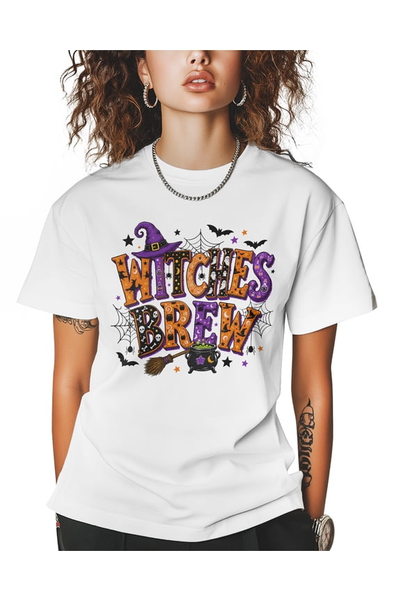 WITCHES BREW T Shirts for Women Short Sleeve Cotton Crewneck T-Shirt Purple Orange Halloween Witch Tee Tops Casual Basic T-Shirts, XS-5XL White XS
