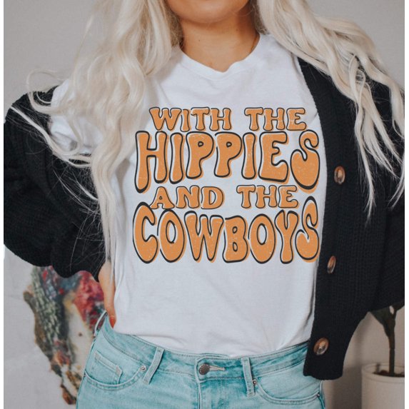 WITH THE HIPPIES AND THE COWBOYS Graphic Short sleeve T-Shirt