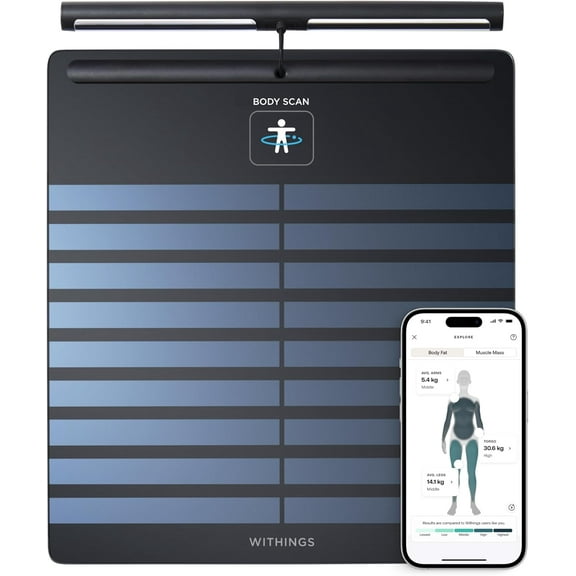 WITHINGS Body Scan - Wi-Fi connected scale to improve your health, impedance meter scale, body composition analysis, body fat, muscle mass, water mass, ecg.