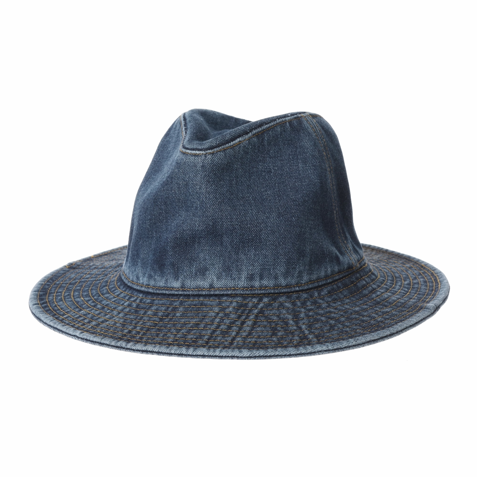 WITHMOONS Denim Fedora Hat Plain Stitch Washed Short Wide 