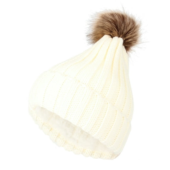 WITHMOONS Fleece Ribbed Knit Pom Beanie Winter Hat Slouchy Cap CZP0011 (Ivory)