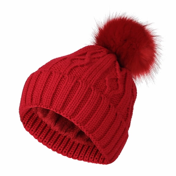 WITHMOONS Fleece Twist Knit Pom Beanie Winter Hat Slouchy Cap DZP0017 (Red)