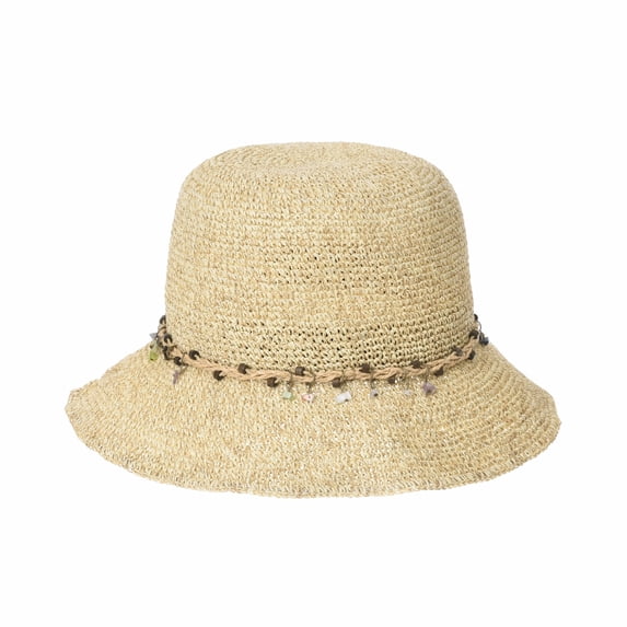 WITHMOONS Women Flanging Straw Sun Hat Summer Bowler Beach Cap Beads Charm CR9978 (Beige)