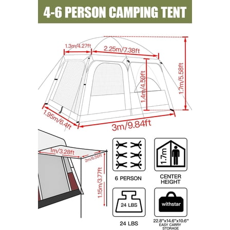 Camping Tents, 4-8 Person Stand Up Tent, Straight-Wall Design, with Full-Coverage PU-Coated All-Around Tents for Camping, Hiking, Picnic, Bivy