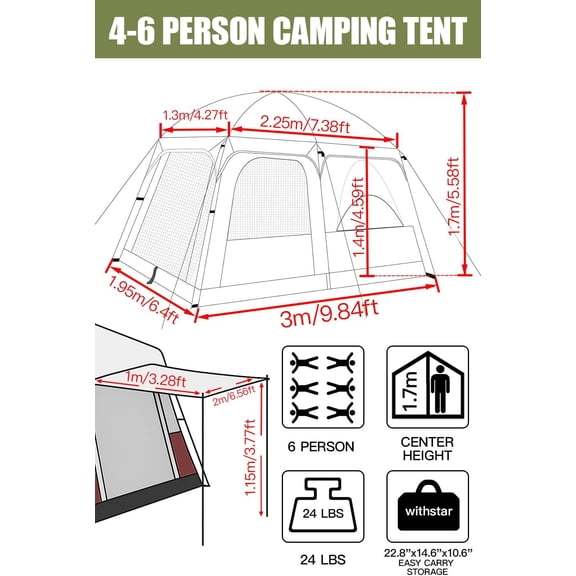 Camping Tents, 4-8 Person Stand Up Tent, Straight-Wall Design, with Full-Coverage PU-Coated All-Around Tents for Camping, Hiking, Picnic, Bivy