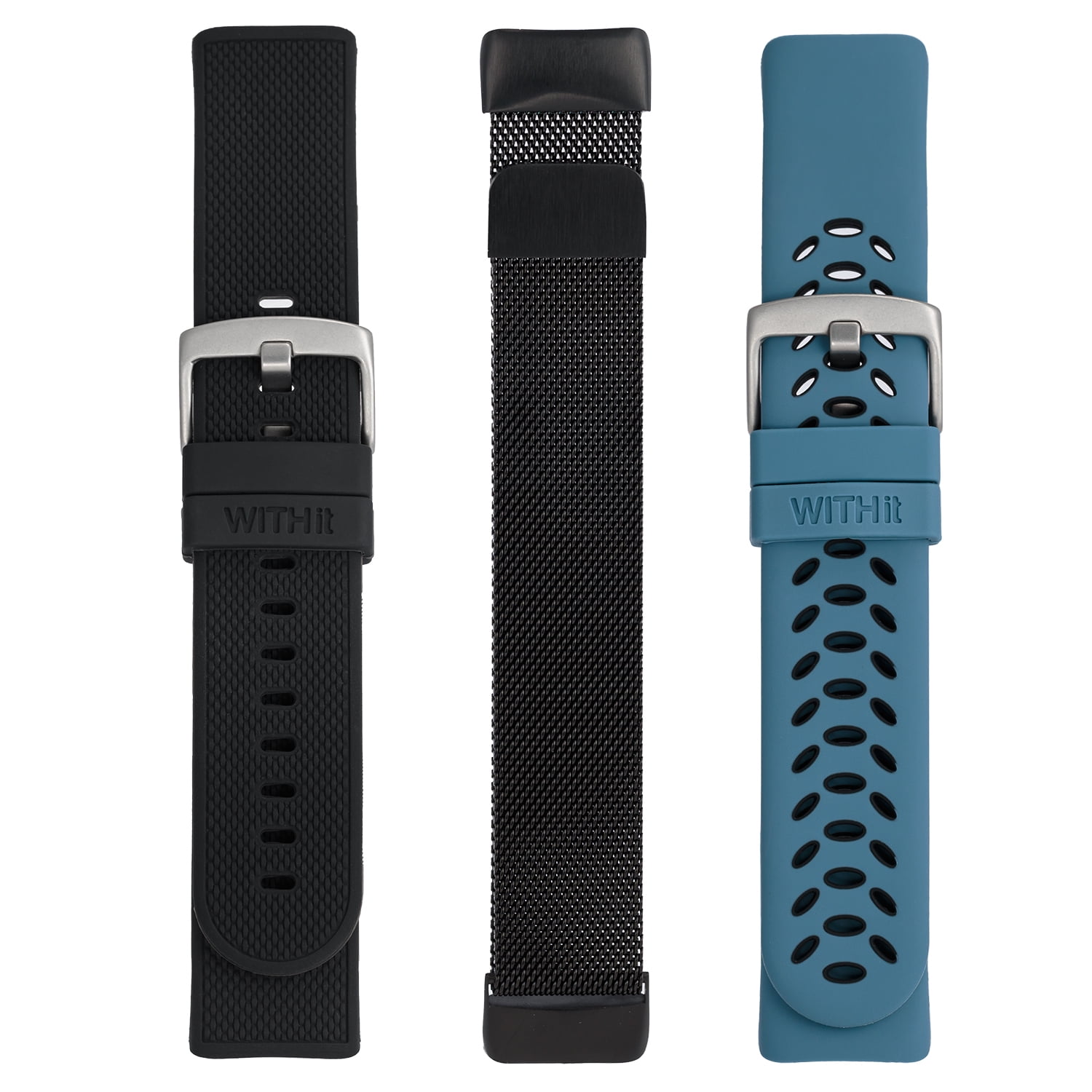WITHit 3-Pack (Black Silicone Band, Black Mesh Band and Blue/Black Sport Silicone Band) for Fitbit Charge 5 & Charge 6
