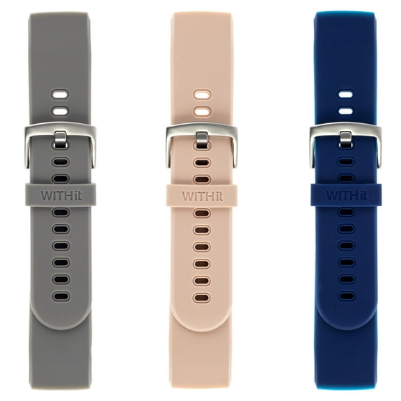 WITHit 3-pack of Silicone Bands (Navy, Blush and Gray with Silver Stainless Steel Buckle Closure) for Fitbit Charge 3 & Charge 4