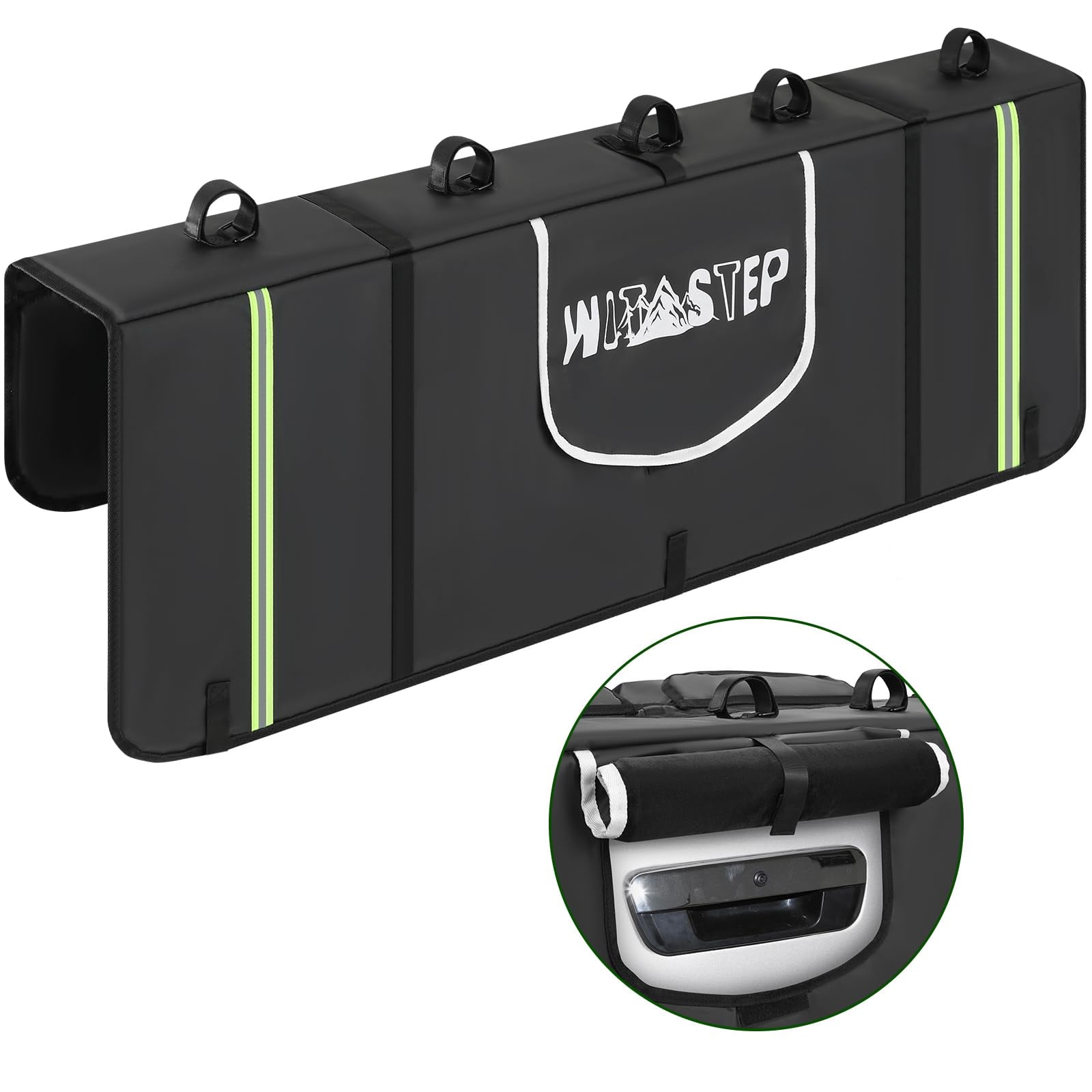 Tailgate Bike Pad, 53" Truck Tailgate Pad Carry 5 Mountain Bikes, Upgraded Grooves Tailgate Protection Pad Reflective Strips Tool Pockets Camera Opening