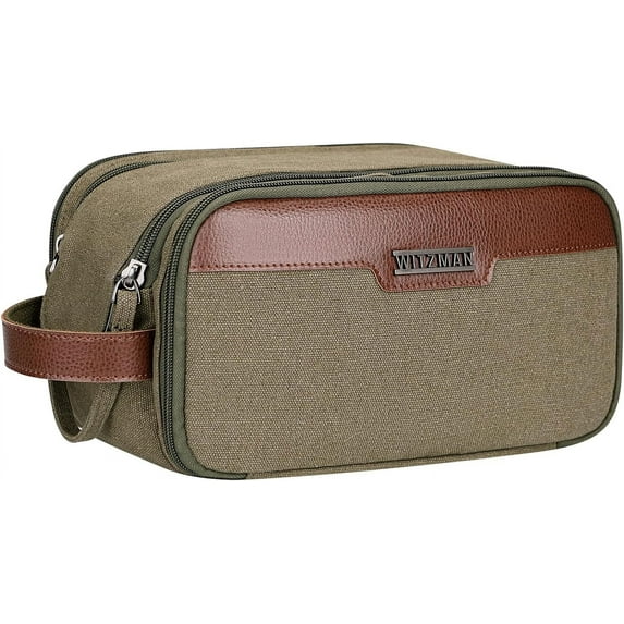 WITZMAN Canvas Toiletry Bag for Men Large Capacity Hanging Dopp Kit for Men Leather Toiletries Water-Resistant Bathroom Bag(A8002 Army Green)