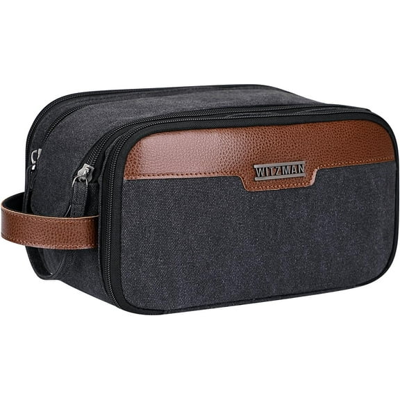 WITZMAN Canvas Toiletry Bag for Men Large Capacity Hanging Dopp Kit for Men Leather Toiletries Water-Resistant Bathroom Bag(A8002 Black)