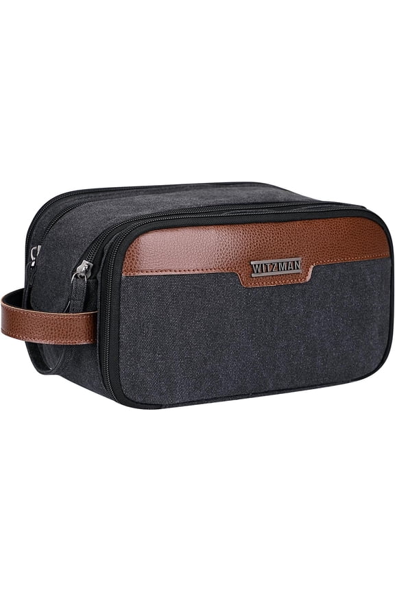 Canvas Toiletry Bag for Men Large Capacity Hanging Dopp Kit for Men Leather Toiletries Water-Resistant Bathroom Bag(A8002 Black)