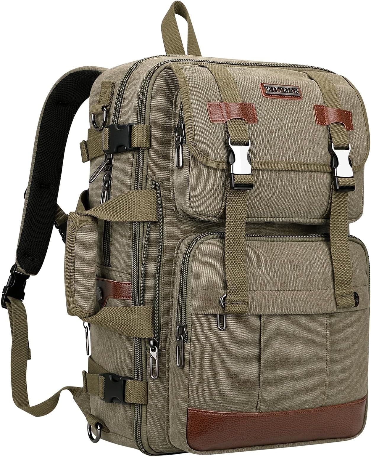 WITZMAN Canvas Travel Backpack for Men Women Expandable Large Carry on Duffel Bag Backpack for Airplane Fit 17 inch Laptop (A6617-3 Army Green)