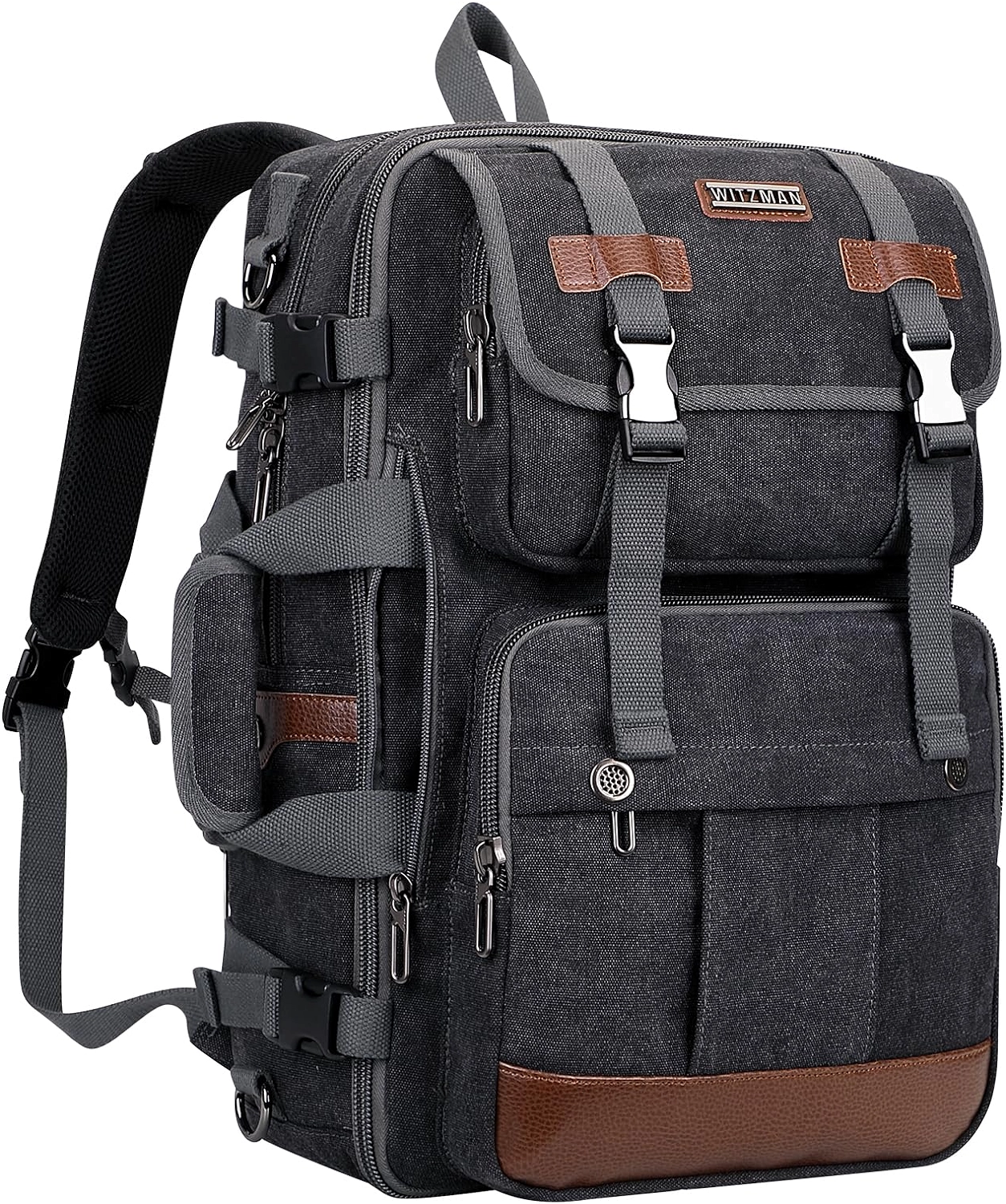 WITZMAN Canvas Travel Backpack for Men Women Expandable Large Carry on Duffel Bag Backpack for Airplane Fit 17 inch Laptop (A6617-3 Black)
