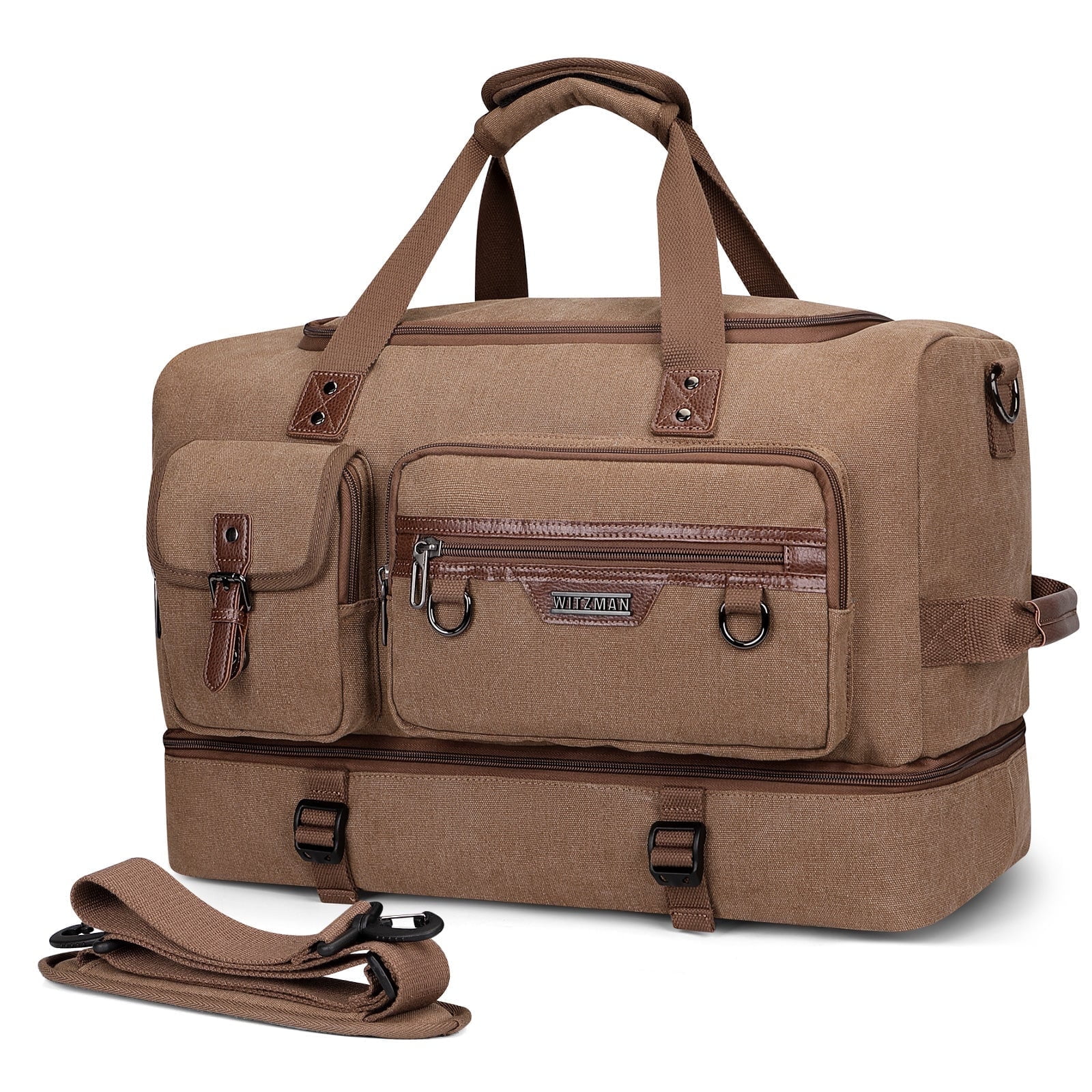 WITZMAN Canvas Weekender Bag Mens Overnight Bag for Traveling Carry on Duffle Bags with Shoes Compartment(A8010 Brown)