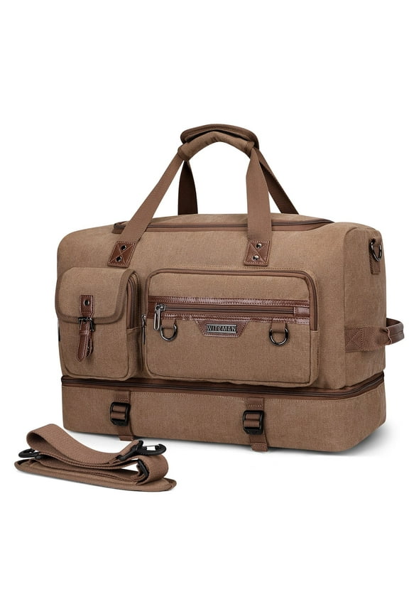 Canvas Weekender Bag Mens Overnight Bag for Traveling Carry on Duffle Bags with Shoes Compartment(A8010 Brown)